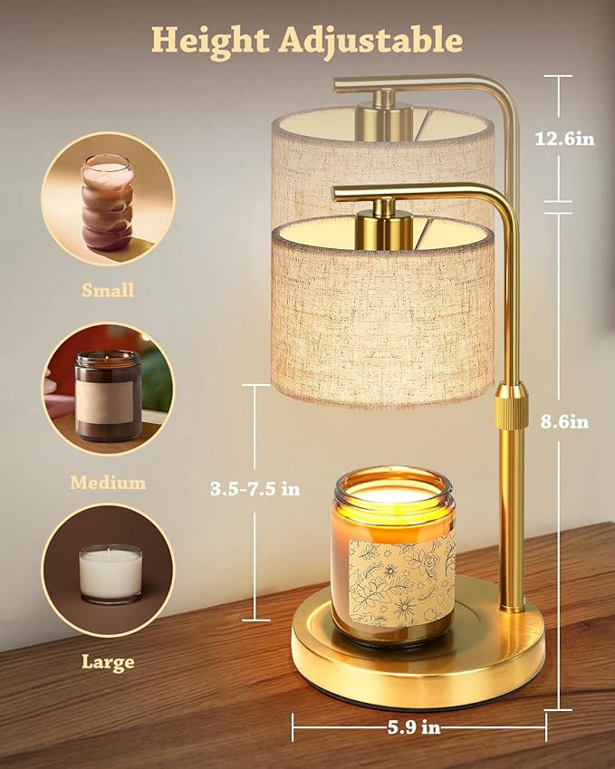 Candle Warmer Lamp with Timer Dimmer, Height Adjustable Candle Wax Warmer Candle Lamp for Jar Candles with 2 Bulbs, House Warming Gift for Home Room Decor, Birthday Gifts for Women Mom (Gold)