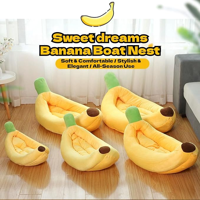 Banana Pet Bed for Small Dogs and Cats, Cozy Enclosed Calming Cave Bed with Removable Plush Cushion for Indoor Kittens Puppies Small Pets (Banana Bed + Bone Toy, Medium)