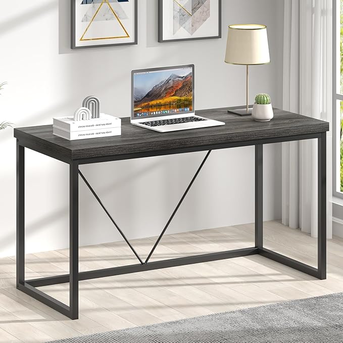 FOLUBAN Home Office Desk, Industrial Vintage Computer Desk, Rustic Wood and Metal Study Writing Table, Simple Work Gaming PC Desks for Bedroom Living Room, Dark Gray 53 Inch