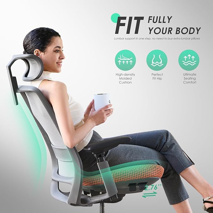 COLAMY Ergonomic Office Chair, Mesh Desk Chair with High Back, Lumbar Support, Adjustable Headrest and 4D Arms, Slide Seat, Tilt Lock-Coral