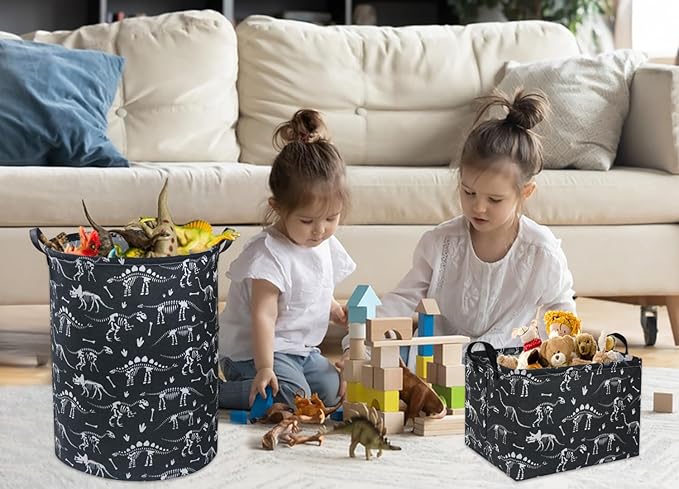 HIYAGON Rectangular Dinosaur Basket Empty Cute Storage Bin Organizer Box Dinosaur Room Decor for Books(Black Dinosaurs)