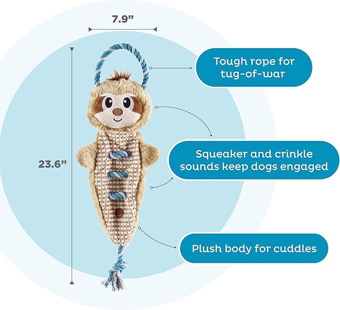 Outward Hound Ropiez Rope Interactive Dog Tug Toy for Tugging Squeaky Fun, 23.6 Inch Sloth, Brown, Large