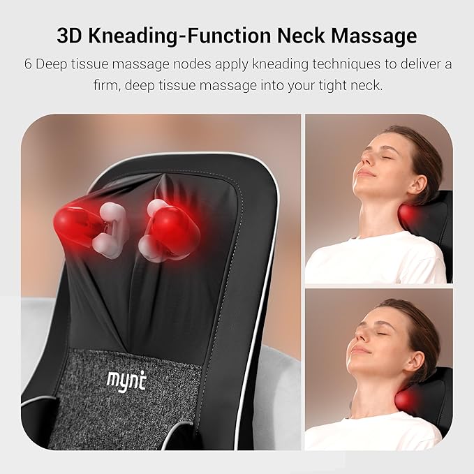 Mynt FSA Eligible HSA Approved Shiatsu Neck and Back Massager for Chair with 10 Deep Kneading Nodes, 2D & 3D Back Massage with Heat, Portable Spot Massage Chair Pad (Black)