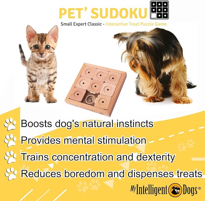 Interactive Wooden Sudoku Puzzle for Cats and Small Dogs - Expert Brain Pet Toy - 9 Treat-Hiding Holes, Small All-Wood Design