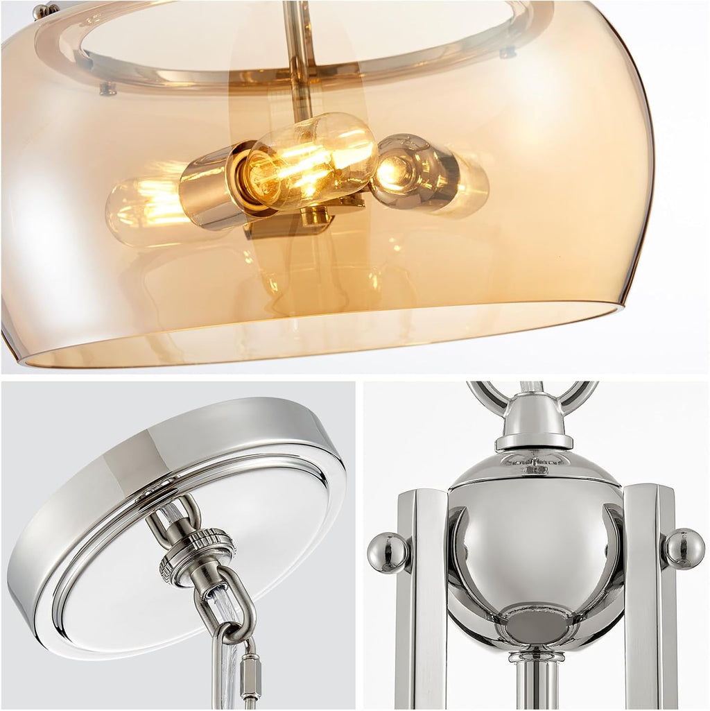 WUZUPS Nickel Chandelier Rustic Farmhouse Industrial Round Ceiling Pendant LED Light Fixture with Amber Glass Shade for Dining Room Kitchen Island Foyer Entryway, H 20.9" W 15.9", E26 Base