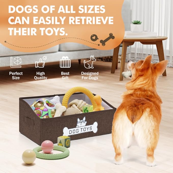 Dog Toy Basket, Specially Designed for Dog Toy Storage, Collapsible Dog Toy Box with Handle，Perfect for Storing Pet Toys and Accessories (Brown)