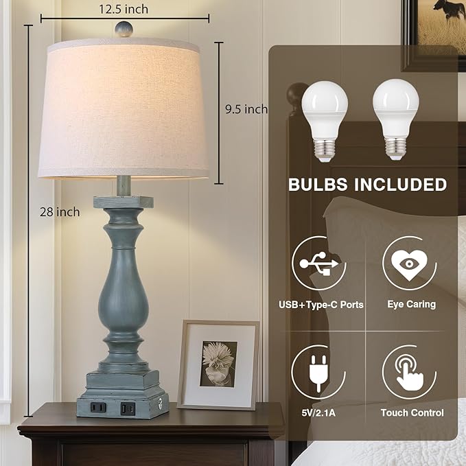 28" Tall Farmhouse Table Lamps Set of 2 with USB C+A Ports and AC Outlet, 3 Way Touch Control Rustic Bedside Lamp for Bedroom, Blue Vintage Nightstand Lamp for Living Room Office