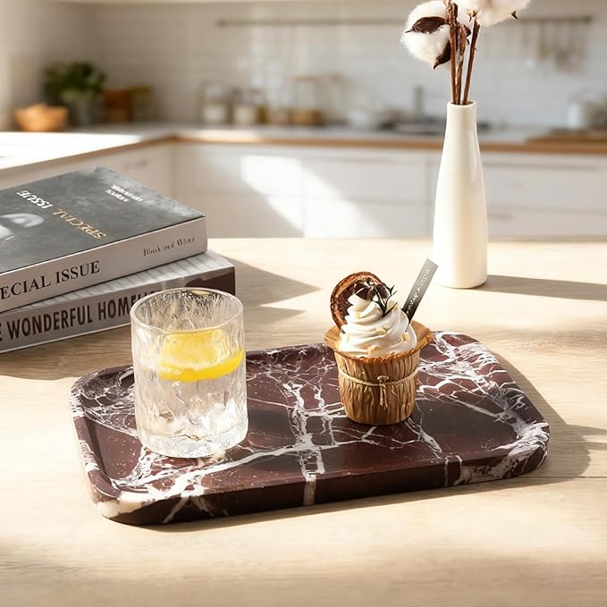 Marble Vanity Tray, 11.8in Stone Bathroom Tray for Countertop, Red Decorative Tray for Dresser Organizer, Luxury Serving Tray for Kitchen, Storage Dish for Kitchen Sink, Perfume, Jewelry Holder