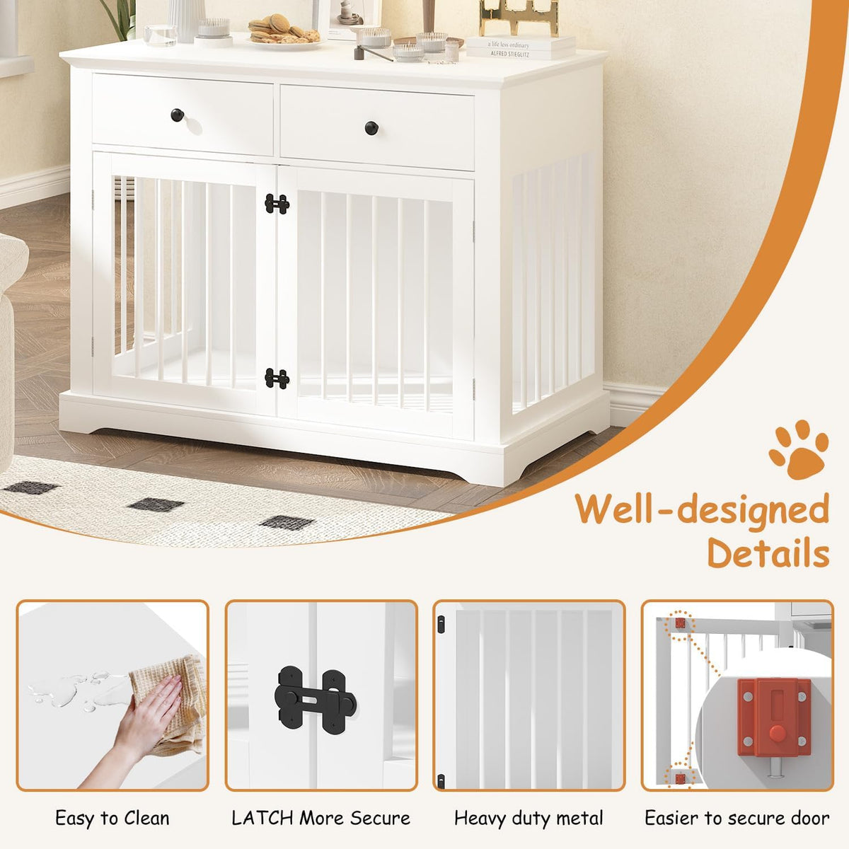 Dog Crate Furniture, 44 Inch Wooden Dog Kennel Indoor with 2 Storage Drawers, Heavy Duty Large Crate Furniture, Decorative End Table Cage Furniture for Small/Medium/Large (White)