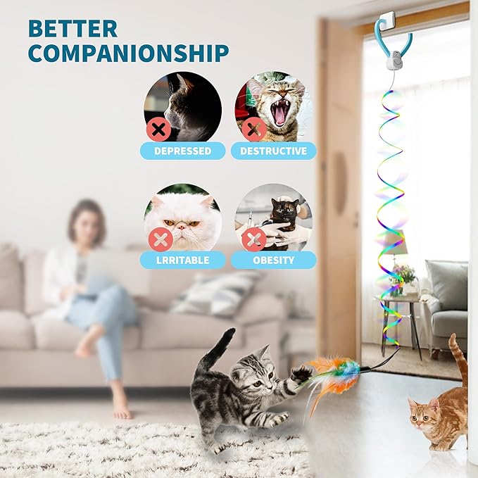 Interactive Cat Toys for Indoor Cats,Enrichment Stimulation Toys, Electric Hanging Door Clip Ribbon Kitty Toy,Automatic Play Chase Exercise Feather Toys for Bored Indoor Adult & Kitten Cats