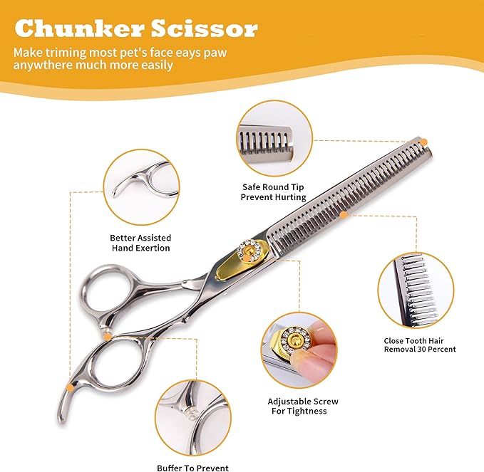 7 Inch Professional Dog Grooming Scissors Kit, 6-in-1 Grooming Scissors for Dogs, Pet Grooming Shears Set, Straight Scissor & Thinning Shear & Curved Scissor & Chunker Shear (Silver)