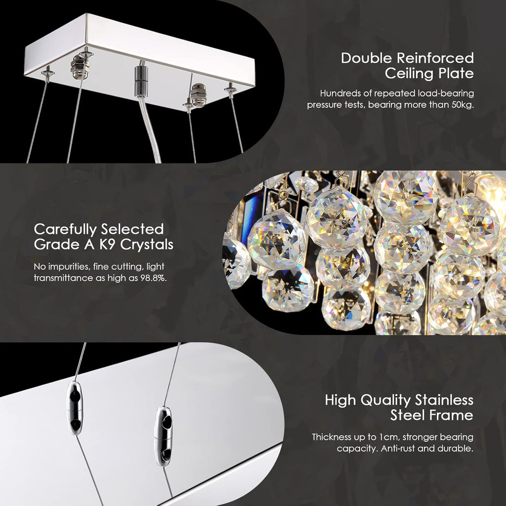 Siljoy Modern Rectangular Crystal Chandeliers 8 Lights Rectangle Raindrop Pendant Ceiling Light Fixture for Kitchen Island Dining Room, Adjustable Height, Polished Chrome Finish, L40 x W10 x H10