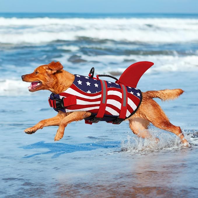 Shark Dog Life Vest for Swimming, Pet Life Vests for Boating, High Buoyant DogLife Jacket, Ripstop High Flotation Swimsui for Small, Medium, Large Dogs (USA Flag,M)