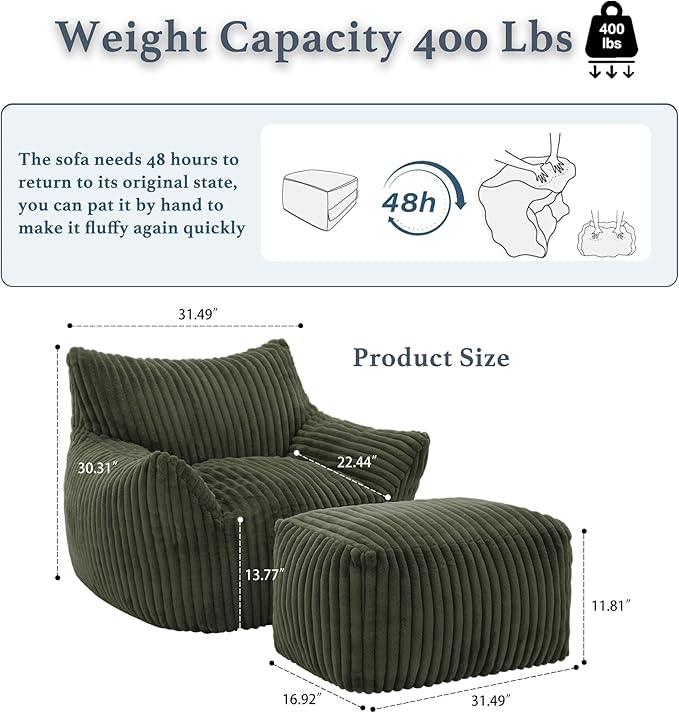 Oversized Bean Bag Chaise Lounge Chair Indoor for Adults with Armrests & Ottoman - Giant Comfy Green Beanbag Lazy Floor Sofa Cloud Accent Chair for Reading, Gaming, Cozy Plush Cloud Mini Couch