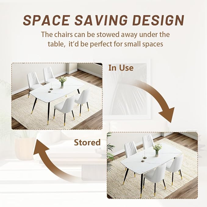 White Dining Table Set for 4, 62'' Dining Table Set for 4, Sintered Stone Dining Room Sets for 4, Easy to Assemble
