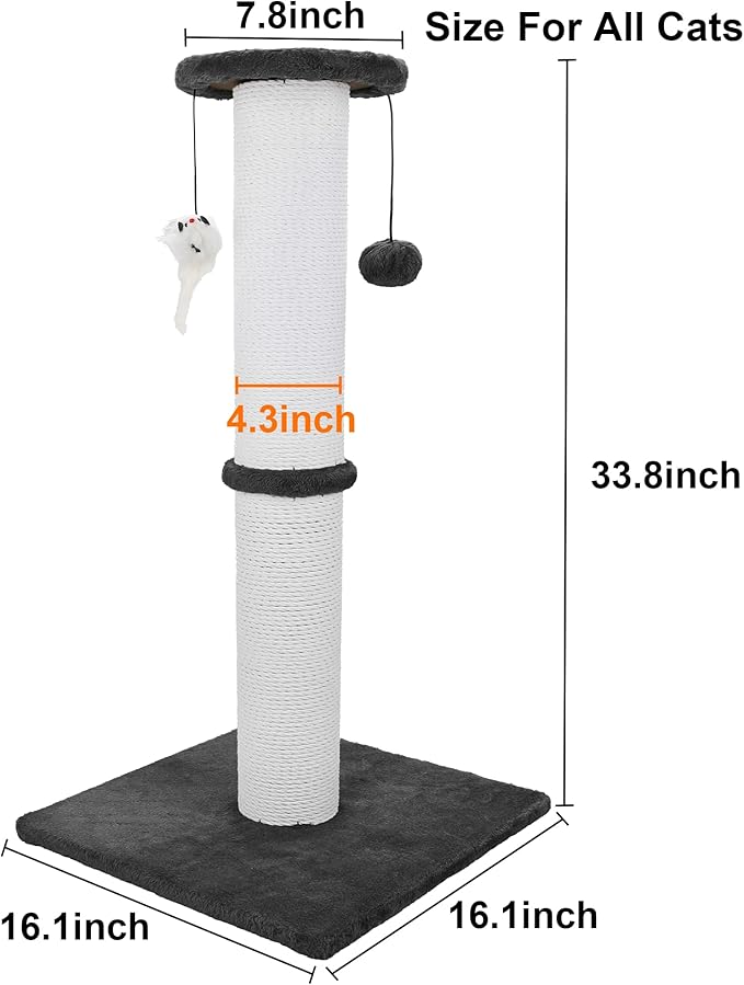 Cat Scratching Post 34 Inches Heavy Duty and Thicker Cat Scratching Post Sisal Rope with Hanging Ball and Mice Scratching Post for Indoor Cats and Adult(Black)