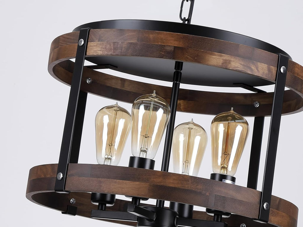 4-Light Large Rustic Farmhouse Plug in Pendant Light Fixture with Adjustable Chain, Dimmable Switch, 16.5 inch Oak Wood Drum Hanging Lamp for Dining Room Living Room Farmhouse Entry, Black