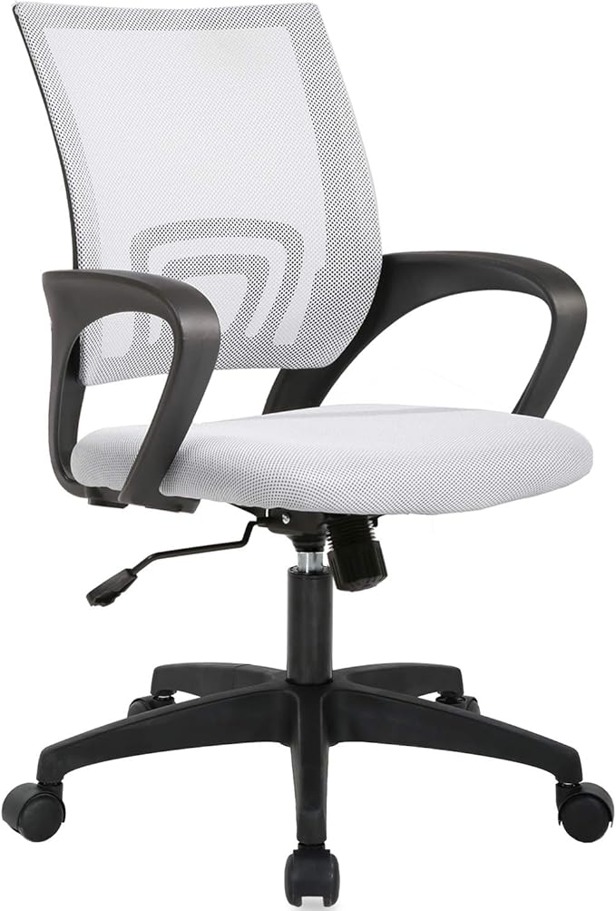 BestOffice | Ergonomic Office Chair | Mid-Back Swivel Desk Chair | Breathable Backrest & Lumbar Support | Adjustable Height | Sponge Seat | Rolling Wheels | White | for Adults & Women