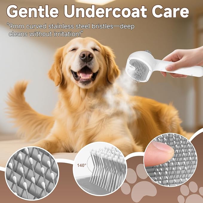 Pet Steam Brush for Dogs & Cats, 3-in-1 Shedding Grooming Tool | Self Cleaning Spray Comb with Mist, Dog Brush for Shedding, Cat Brush for Hair Removal, Long Haired Pets, 2 Waterless Shampoo