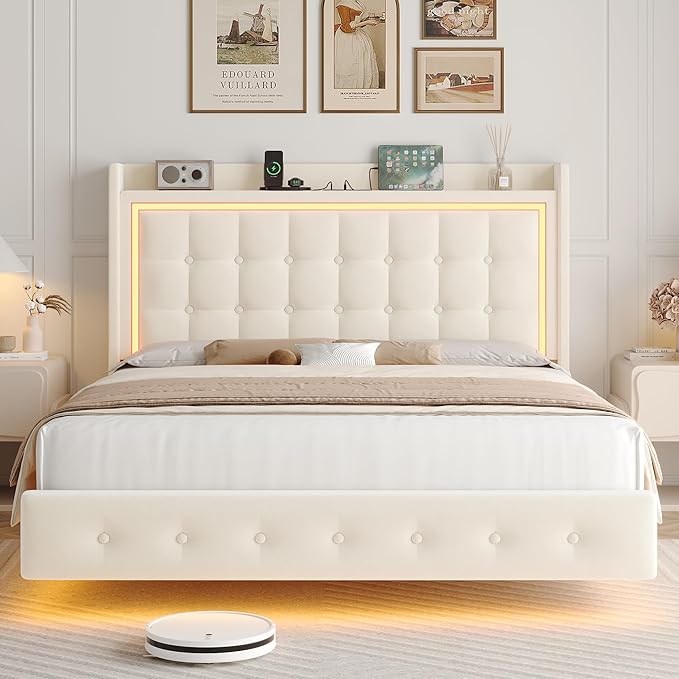 Keyluv Upholstered Queen Floating Bed Frame with RGB LED Lights and Charging Station, Velvet Platform Bed with Button Tufted Storage Headboard, Type-C & USB Charging Ports, No Box Spring Needed, Beige