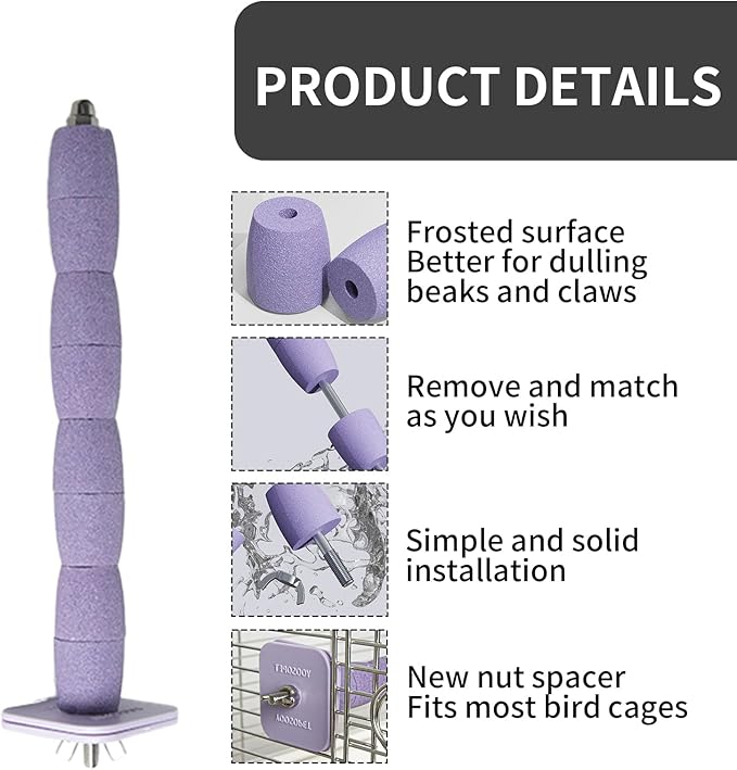 Parrot Perch Birds Nail File Perch Abrasive Surface Ceramic Paw Grinding Stick – Bird Nail File – for Parrots, Budgies, Parakeets, and Cockatiels Bird Cage Accessory (Purple, 7.8Inch)