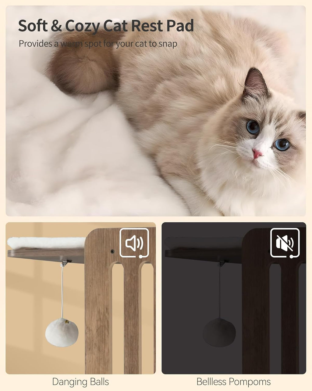 FourFurPets Modern Cat Tree, 58-Inch Cat Tower for Large Cats, Maine Coon Cat Tree with Scratching Board, Large Perch, Hammock and Removable Pads, Greige
