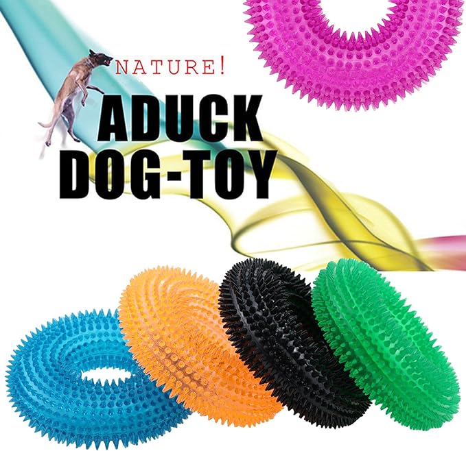 ADUCK Dog Squeaky Chew Toys for Aggressive Chewers, Small Medium Large Dogs Teeth Cleaning Soft Natural Rubber Float Toy for Indoor Outdoor Water Pool, Donut Ring Design 4.92 inch, Pack of 4