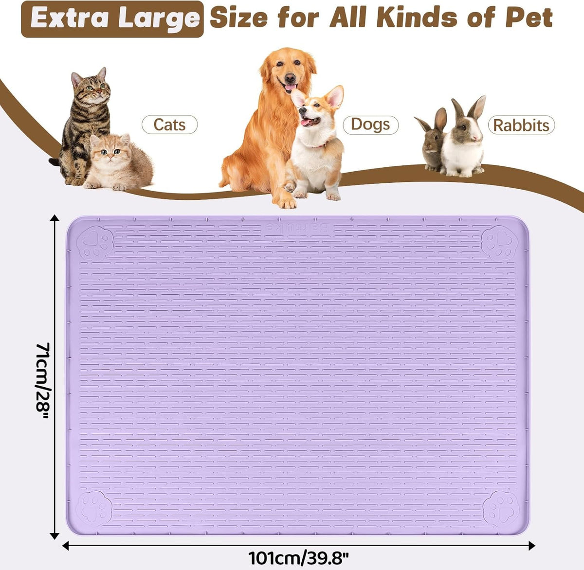 Cat Food Mat, 40" x 28" Extra Large Silicone Pet Feeding Mat with Raised Edge Pet Placemat for Food and Water Bowl Non-Slip, Easy to Clean, Floor Protection (Purple)