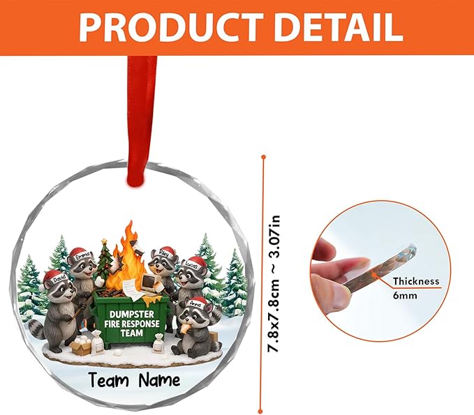 NAZENTI Personalized Funny Raccoon Fire Response Ornament, Custom Burning Dumpster Holiday Decoration, Coworker Christmas Glass Hanging Gift