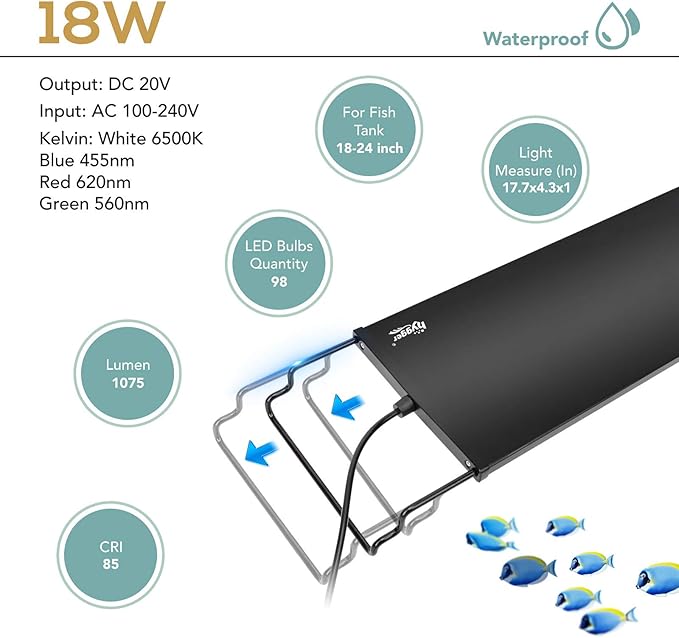 hygger 18W 24/7 Lighting Aquarium LED Light, Sunrise-Daylight-Moonlight Mode and DIY Mode, Adjustable Timer Adjustable Brightness Fish Tank Light with Extendable Bracket 7 Colors for Planted Tank