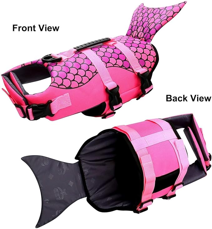 Dog Life Jacket Ripstop Shark Dog Safety Vest Adjustable Preserver with High Buoyancy and Durable Rescue Handle for Small,Medium,Large Dogs, Pink Fish Small