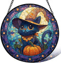 Stained Glass Window Hanging， Black Cat & Birds 9.8in Sun Catchers Indoor Window， Core Decor Inside and Outside The Cottage， Fall Autumn Leaves Decor， Gifts for Women， Home Decor