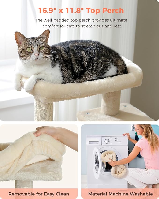 32" Cat Tree Tower for Indoor Cats - 2 Cozy Condos, Multi-Level Cat Scratching Posts with Sisal, Soft Padded Perch, 2 Dangling Toys, Beige