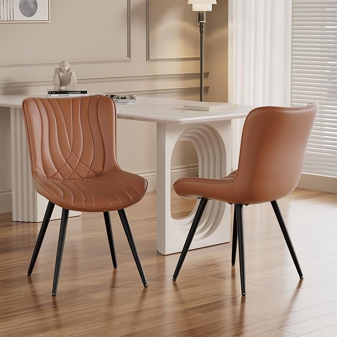 Dining Chair Set of 2 PU Leather Dining Room Chairs Upholstered Comfy Dining Chairs Modern Kitchen Armless Side Chair with Sturdy Metal Legs,Umber