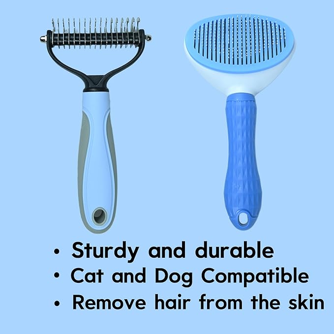 Pet Grooming Combo — Shedding Brush with Metal Comb for Detangling and Removing Undercoat in Long-Haired Dogs and Cats. helping reduce shedding by up to 95%.