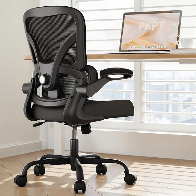 Office Chair with Adjustable Lumbar Support, Home Office Desk Chair with Flip-up Armrests, 330 lbs Mesh Computer Chair for Long Day Use, Black