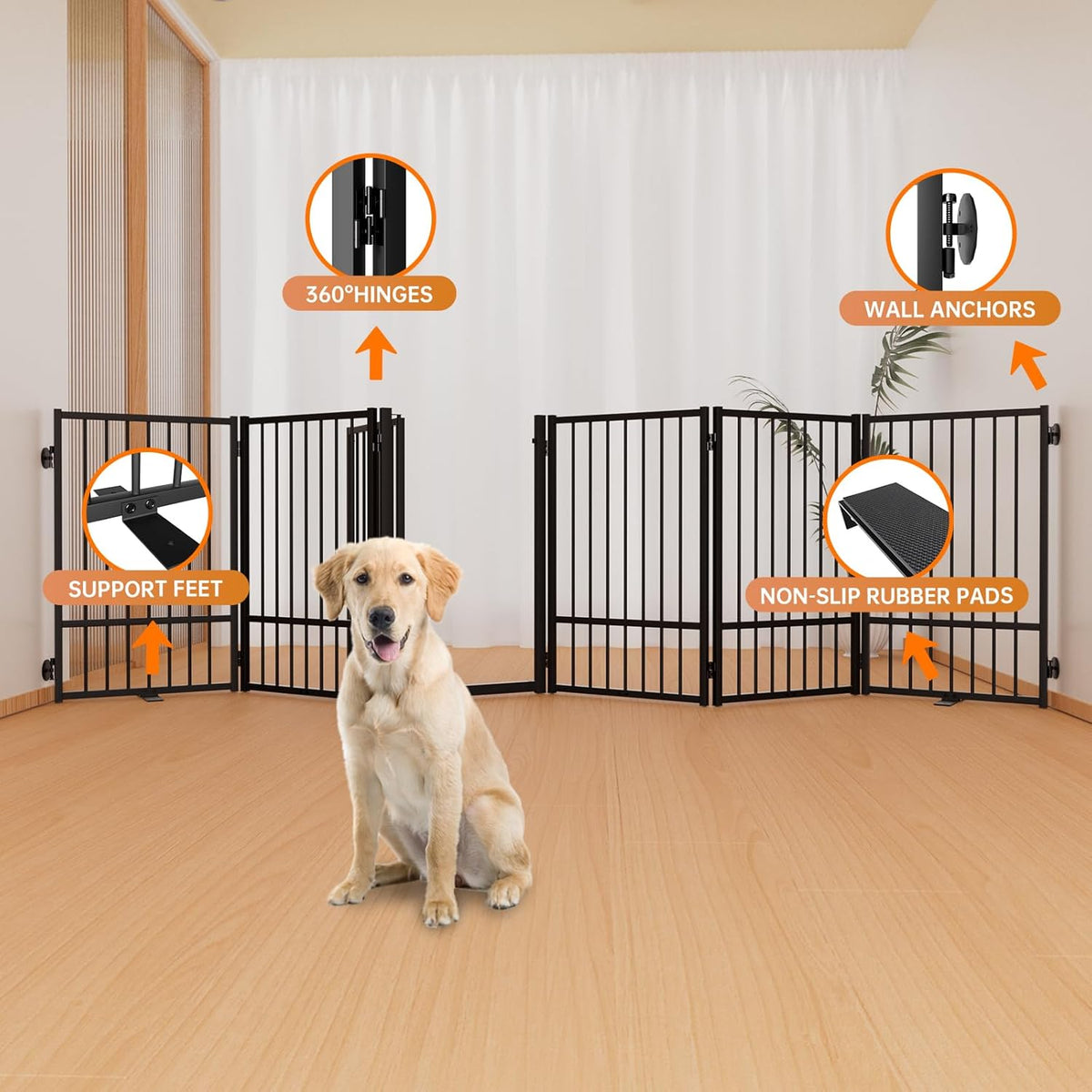 Full Metal Freestanding Dog Gate with Door, 32''Height Foldable Pet Dog Fence for Indoor & Outdoor, 6 Panels Extra Wide Free Standing TallDog Gates for Doorways,House,Stairs,Porch,Deck,Yard