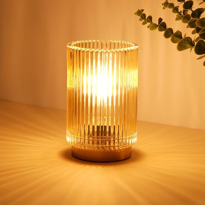 Battery Operated Lamp, Cordless Table Lamp with Timer, Desk Bedside Lamps with LED Warm Light, Glass Small Table Lamp for Bedroom, Bathroom, Living Room, Home Decor - Amber