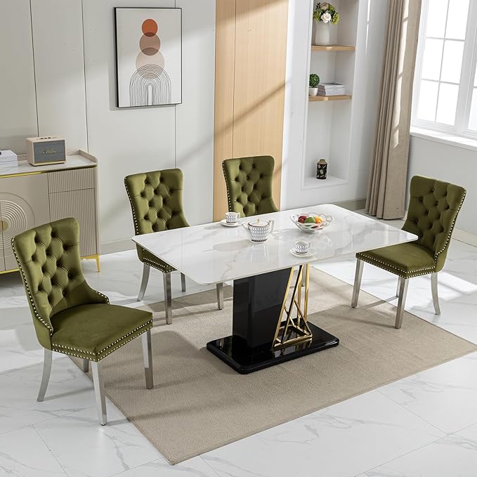 Luxury Upholstered Dining Chairs Set of 8, Olive Green Kitchen Chair with Silver Metal Legs, Velvet Tufted Back Dining Chair, Sillas de Comedor, Modern Kitchen & Dining Room Chairs (Olive, 8 Pcs)