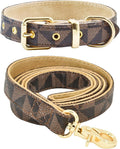 Leather Dog Collar and Leash Set, Check Pattern Dog Collar Leashes Metal Buckle Adjustable Durable for Small Medium Large Dogs (Brown, S(11.4-13.4IN))