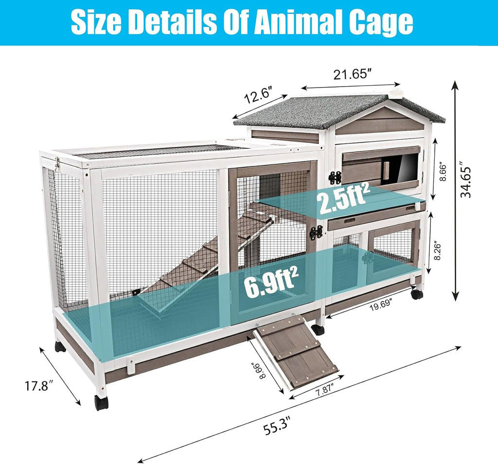 Rabbit Hutch Indoor Outdoor Two Story Bunny Hutch with Wheels Guinea Pig Cage with Removable No Leaking Tray Wooden Pet House