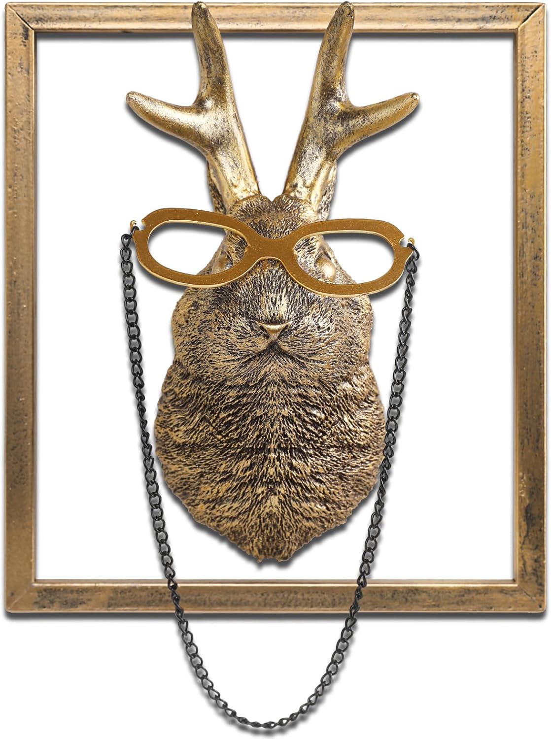 Animal Heads Wall Decor (Includes Metal Frame) Resin Animals Sculptures Head Wall Hanging Decoration Gold vintage Wall Sculpture for Living Room Bedroom Office(Jackalope)