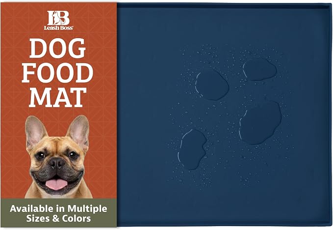 Leash Boss Dog Food Mat - 2-Pack, Waterproof Cat & Dog Bowl Mat for Food and Water, Silicone Pet Feeding Mats for Floors, Non-Slip Placemat with High Edges, Puppy Essentials (Small: 18"x11", Navy)