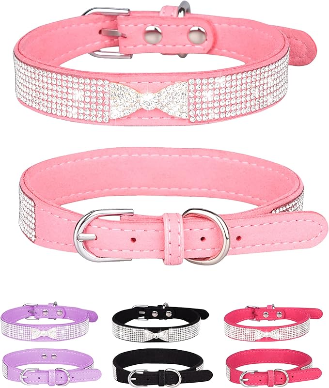 Bling Dog Collar for Small Medium Large Dogs, Crown Rhinestone Dog Collars for Girl and boy Dog, Diamond Puppy Collars, Adjustable Leather Suede SOFE Cat Collar (XS(8.2"-10.6"/21CM-27CM), Pink2)