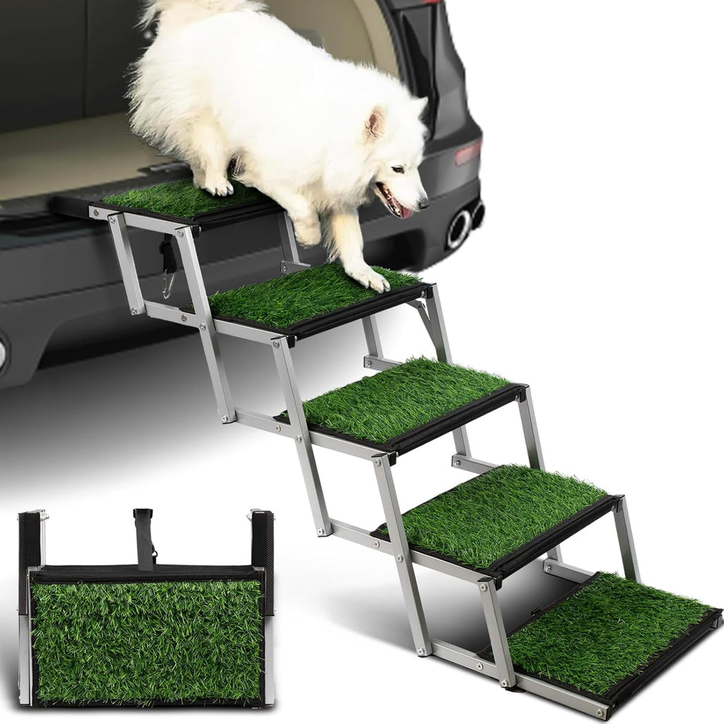 Dog Stairs for Car, Portable Folding Dog Ramps,Dog Steps for Large Dogs with Non-Slip Grass Rug for Cars, SUV, Trucks, Lightweight Pet Ramp Supports Up to 200 lb, 5 Steps