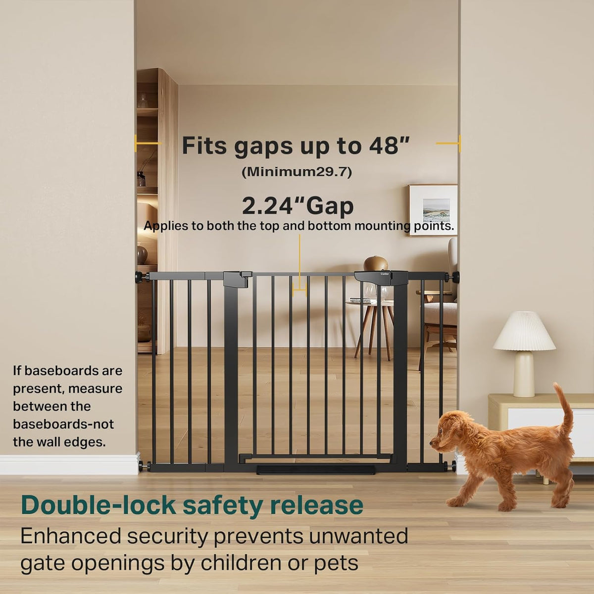Cumbor 29.7-48" Baby Gate for Stairs, Mom's Choice Awards Winner-Dog Gate for Doorways, Auto Close Safety Pet Gate for Dogs Indoor, Easy Install Pressure Mounted Child Gate with Walk Thru Door, Black