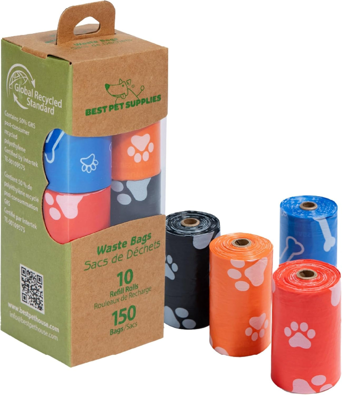 Best Pet Supplies Poop Bags for Dogs, 50% Post-Consumer Recycled Content dog waste bags on rolls, fits all poop bag holders for leashes - 150 Count, Assorted Colors, Scented