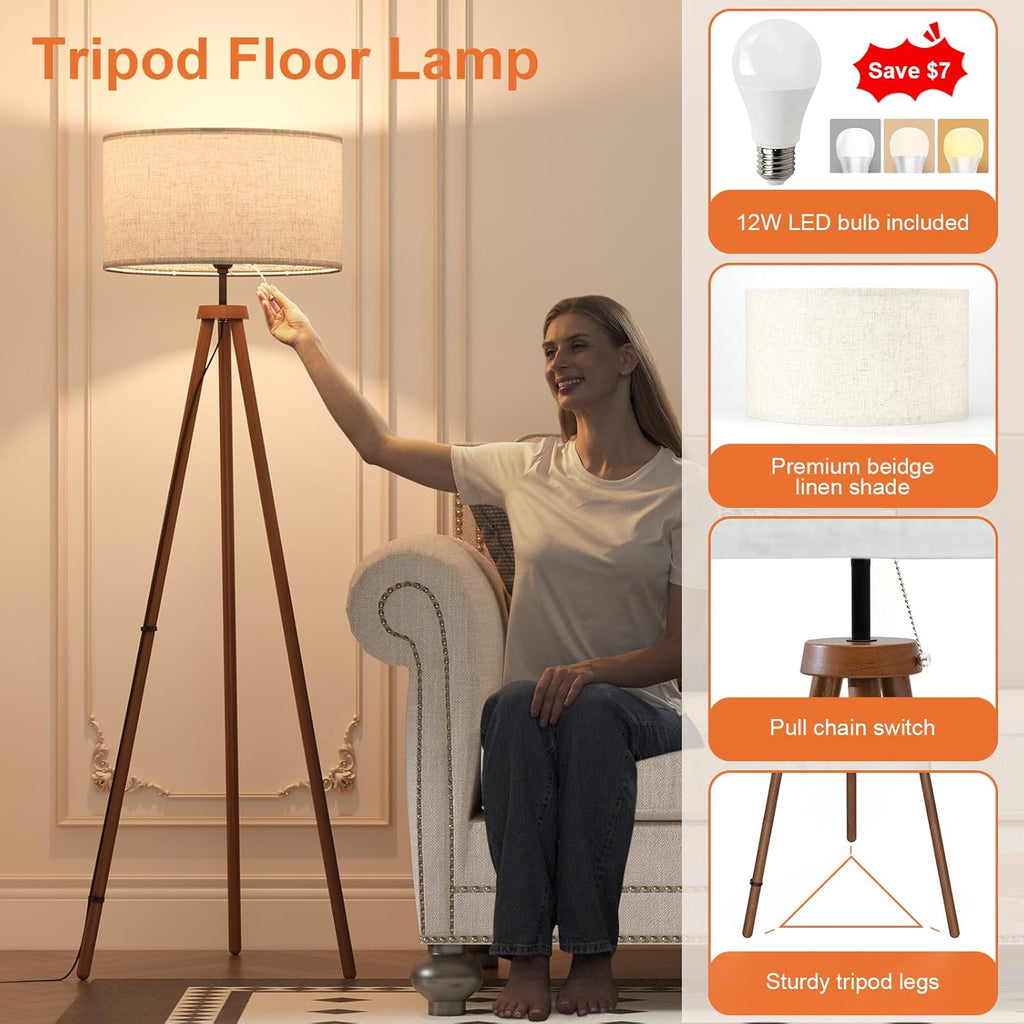 LiteHistory Wood Tripod Floor Lamps for Living Room, Bedroom, and Office,Standing lamp with Beige Linen Shade, 12W Three-Color Bulb Included, Pull Chain Switch, Tall lamp for Mothers Day Gifts, Brown