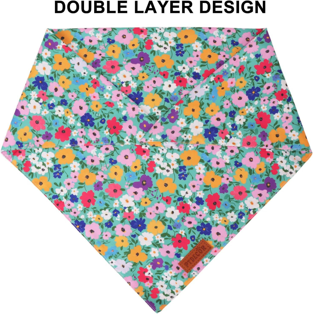 PTDECOR Floral Dog Bandana, Flower Reversible Pets Scarf, Premium Durable Fabric, Adjustable Pink Green Bandanas for Medium Large Dogs Pets (Large)