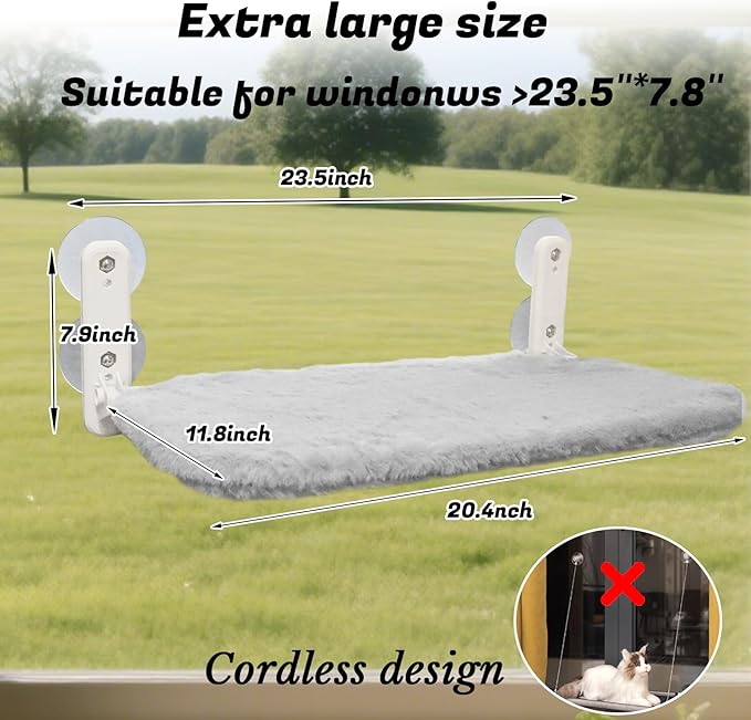 2 PCS Cat Window Perch (Medium 20.4''×11.8'') - Machine Washable Cover, 4 Large Suction Cups, Solid Metal Frame - Cordless Foldable Hammock for Indoor Cats (2×Grey)